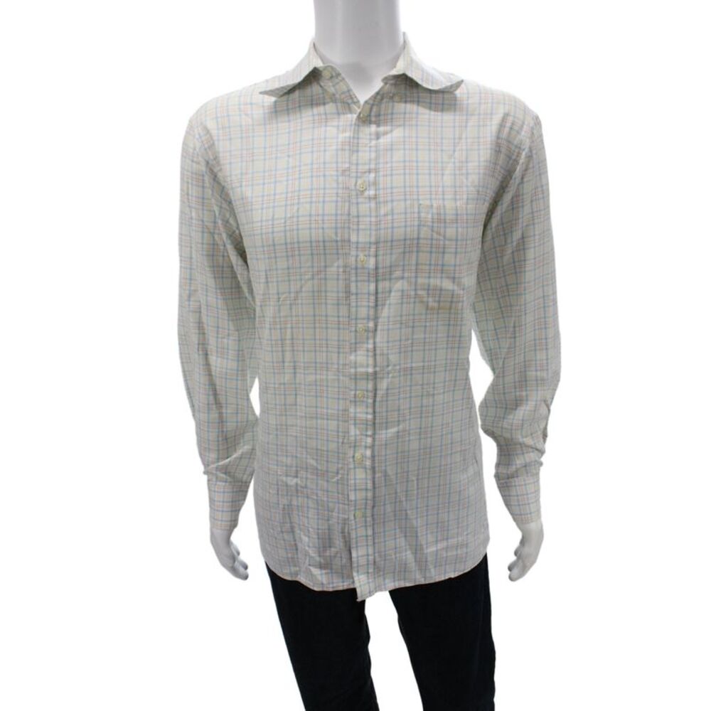 Thomas Pink Mens Blue Plaid Cotton Dress Shirt 34/35 Size 16